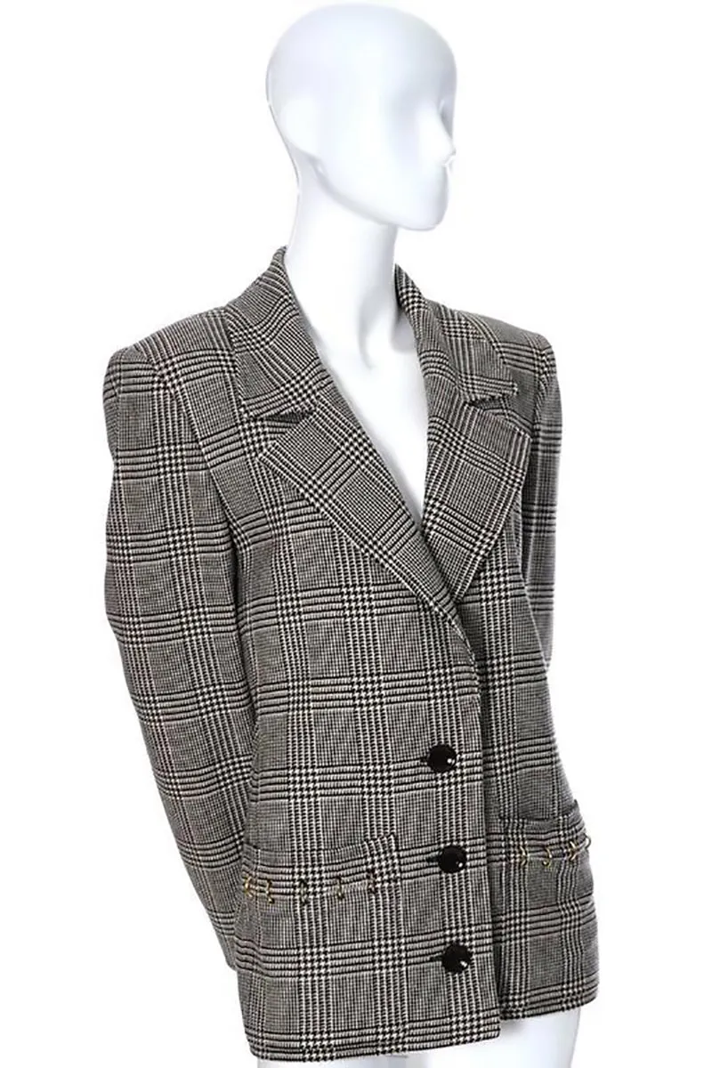 1980s Valentino Boutique Vintage Plaid Wool Blazer Jacket with Metal Rings