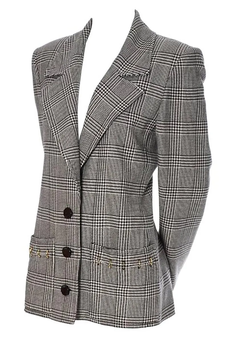 1980s Valentino Boutique Vintage Plaid Wool Blazer Jacket with Metal Rings