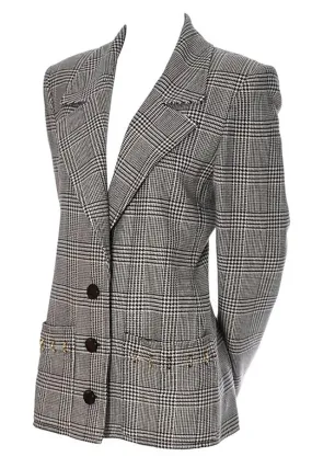 1980s Valentino Boutique Vintage Plaid Wool Blazer Jacket with Metal Rings