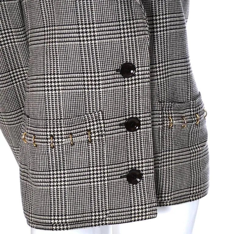 1980s Valentino Boutique Vintage Plaid Wool Blazer Jacket with Metal Rings