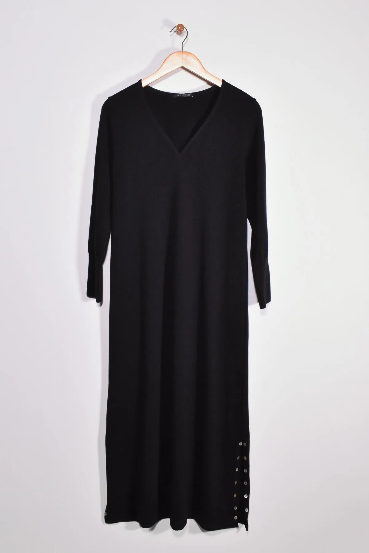 48" ¾ Sleeve V-Neck Dress with Button Detail