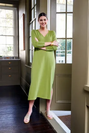 48" ¾ Sleeve V-Neck Dress with Button Detail