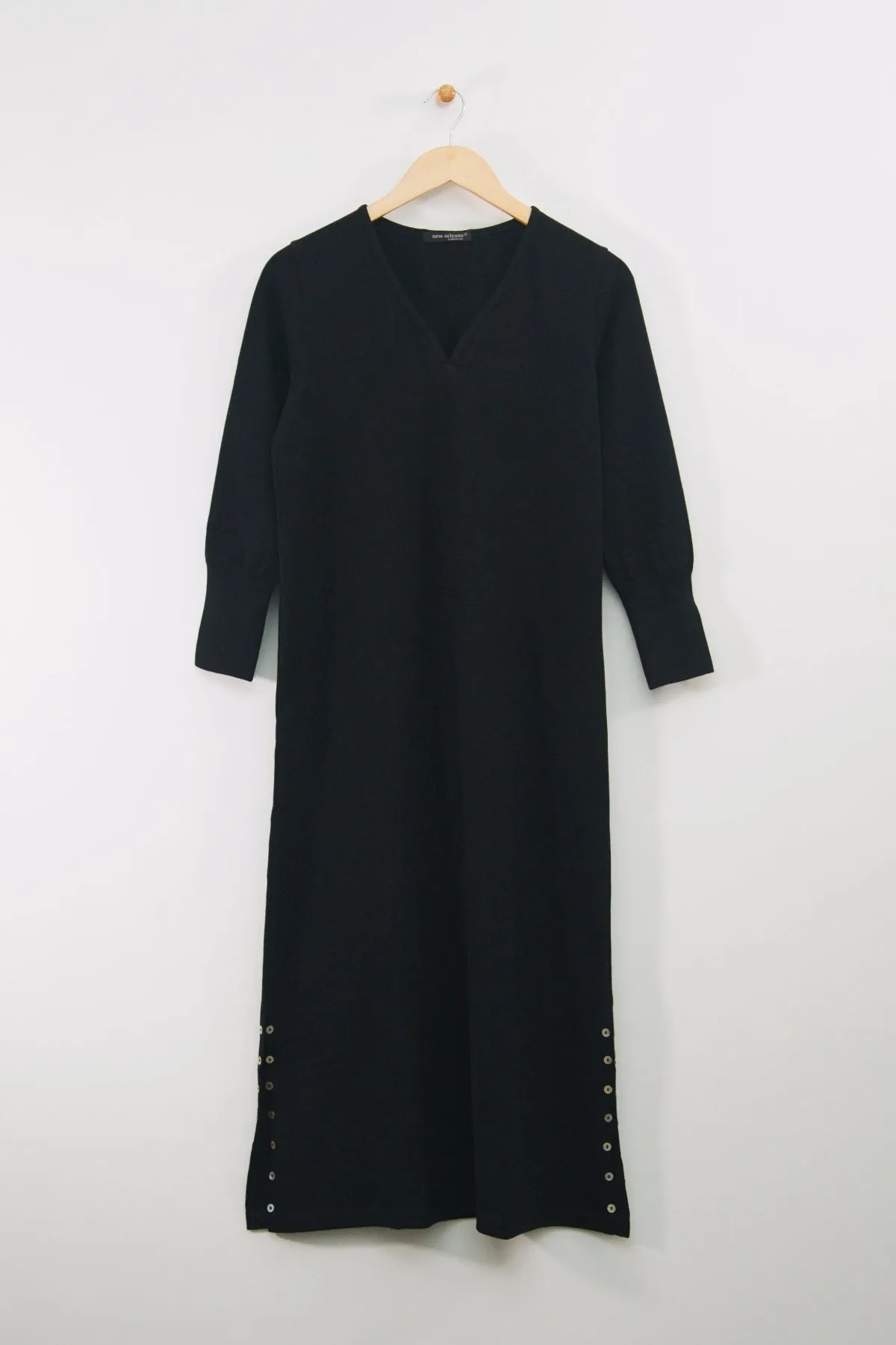 48" ¾ Sleeve V-Neck Dress with Button Detail