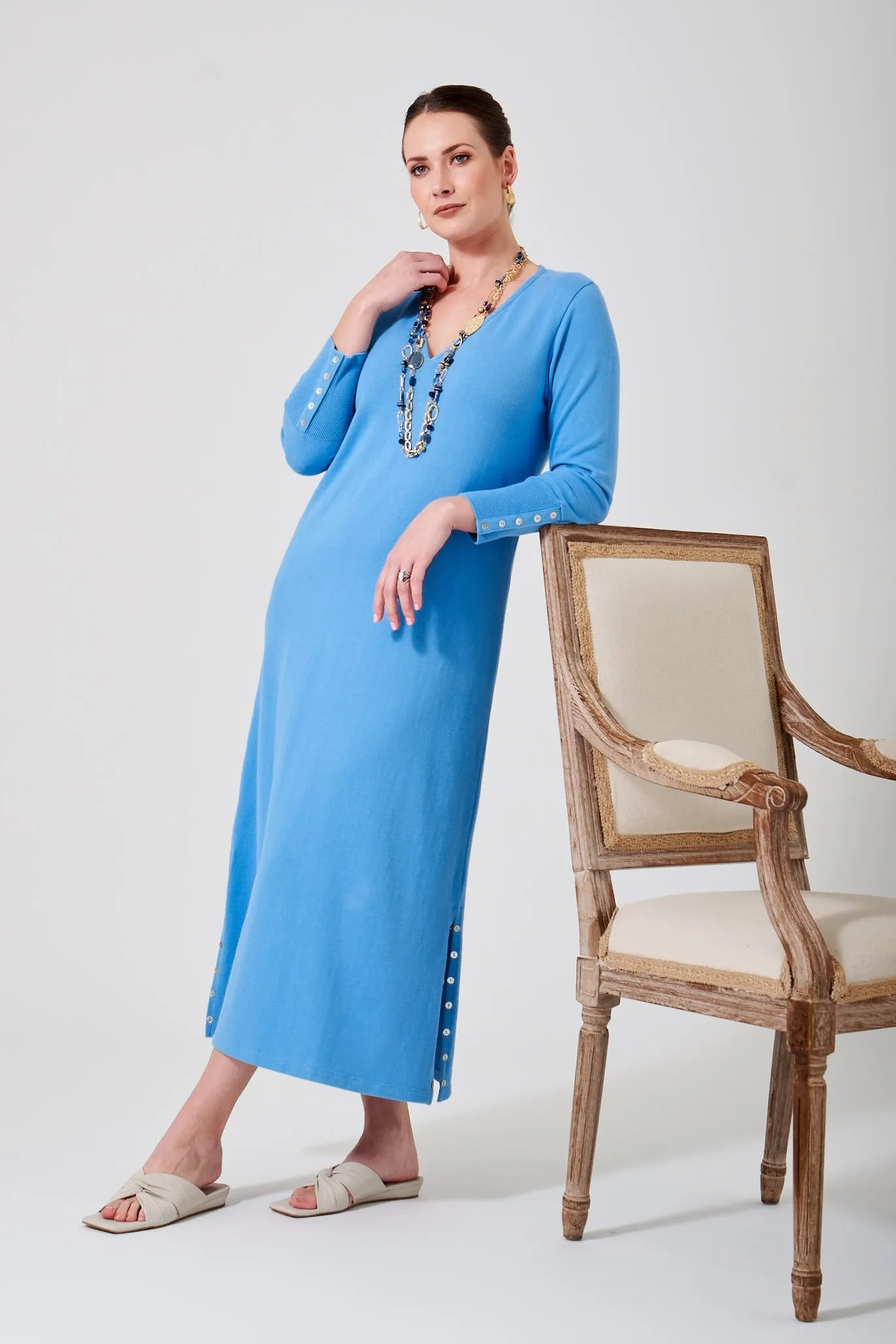 48" ¾ Sleeve V-Neck Dress with Button Detail
