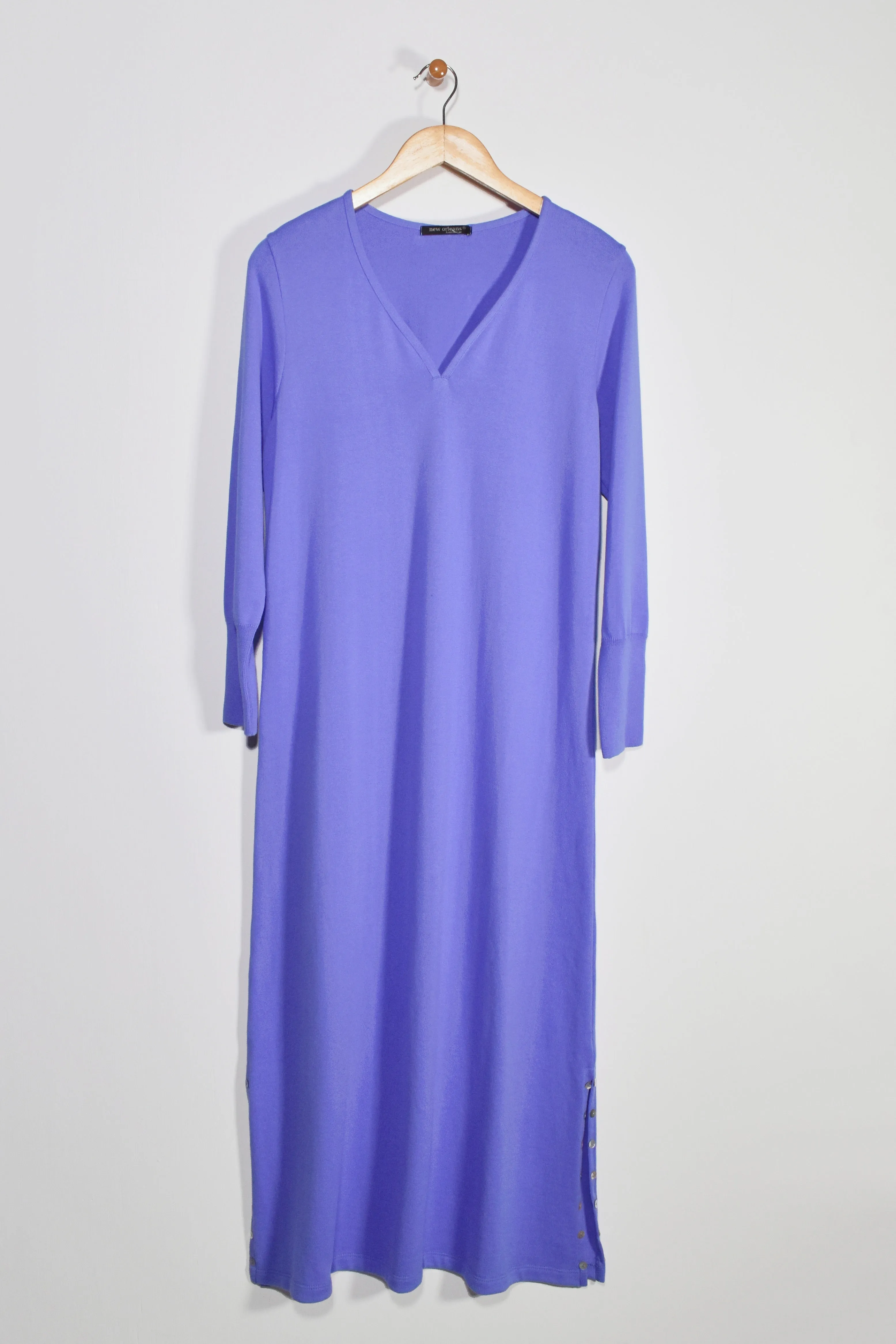 48" ¾ Sleeve V-Neck Dress with Button Detail