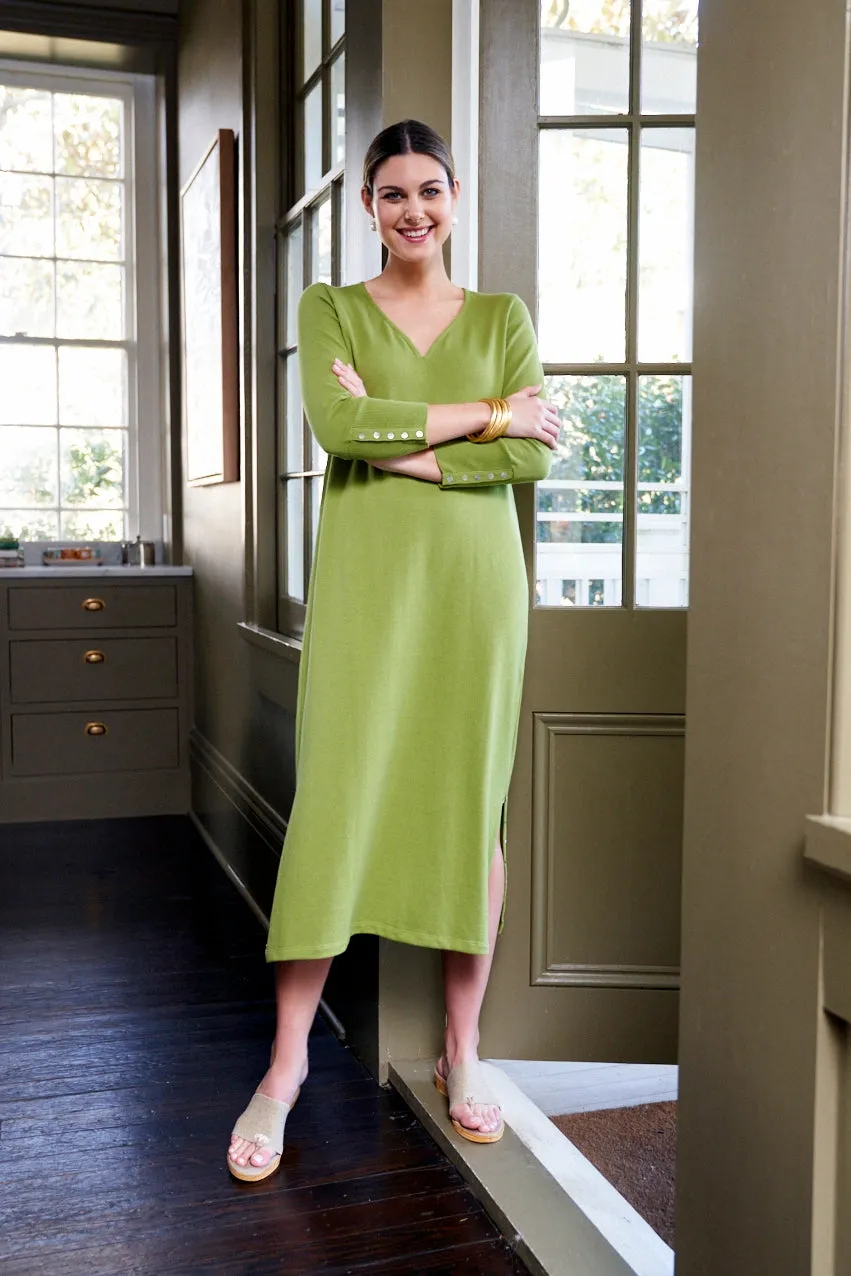 48" ¾ Sleeve V-Neck Dress with Button Detail