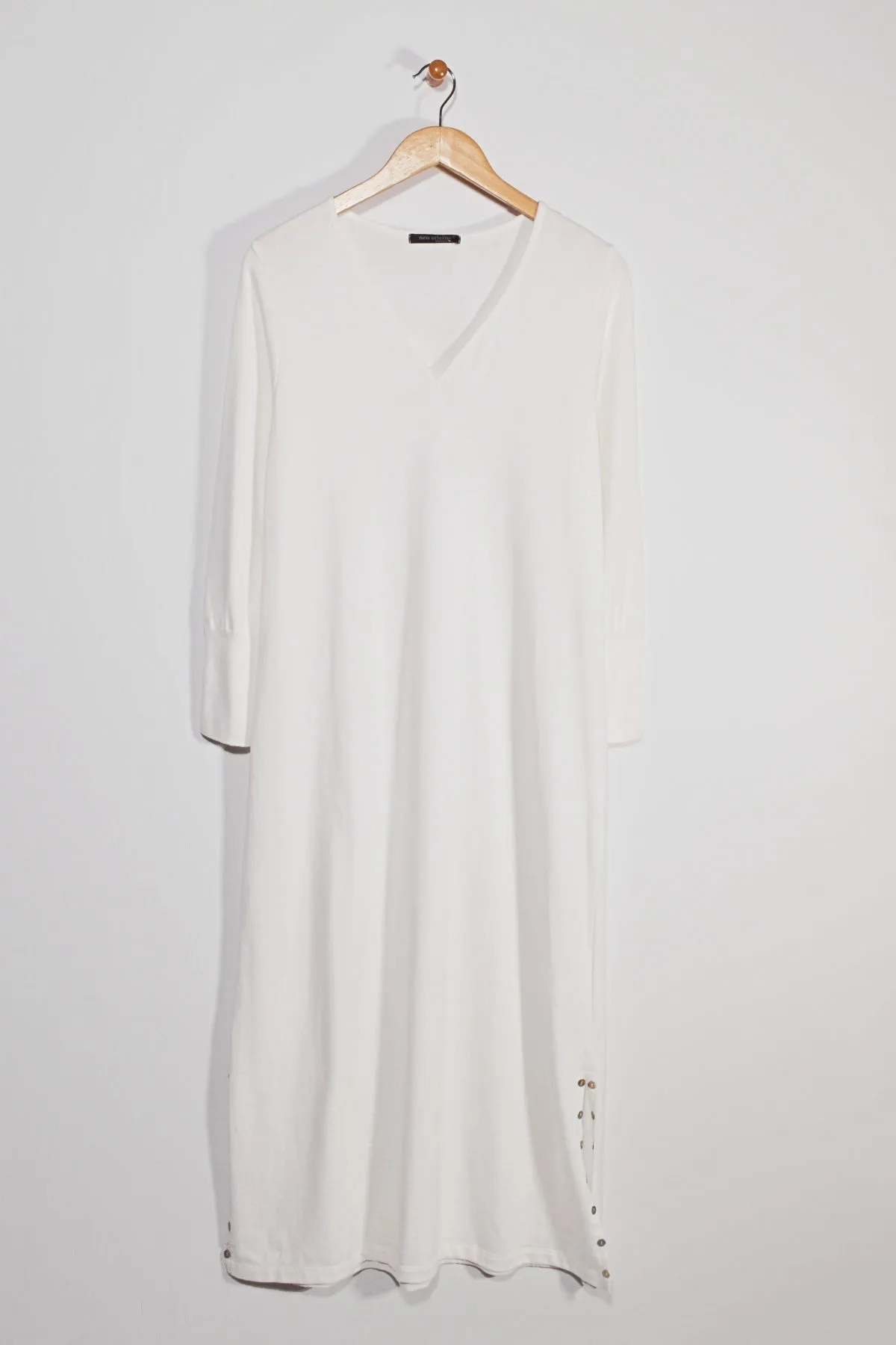 48" ¾ Sleeve V-Neck Dress with Button Detail