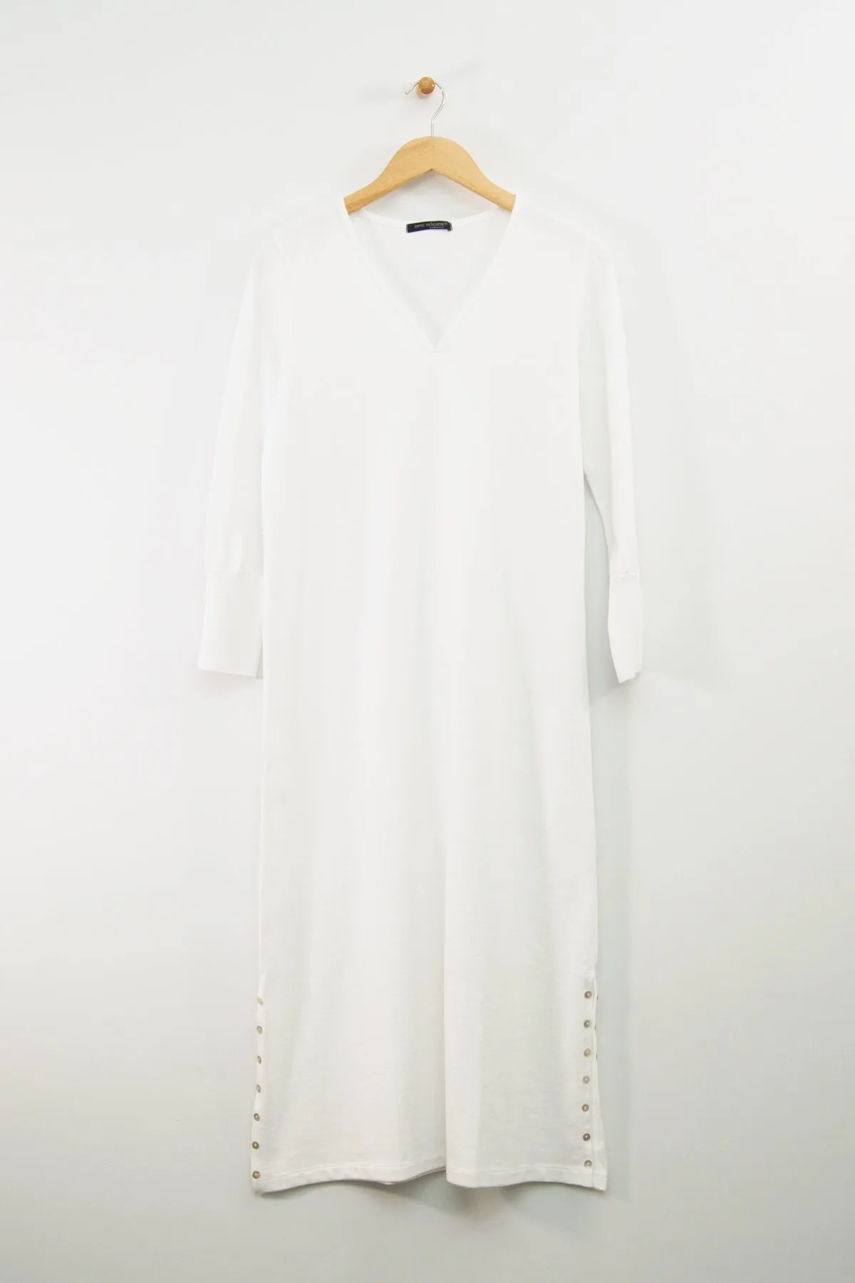 48" ¾ Sleeve V-Neck Dress with Button Detail