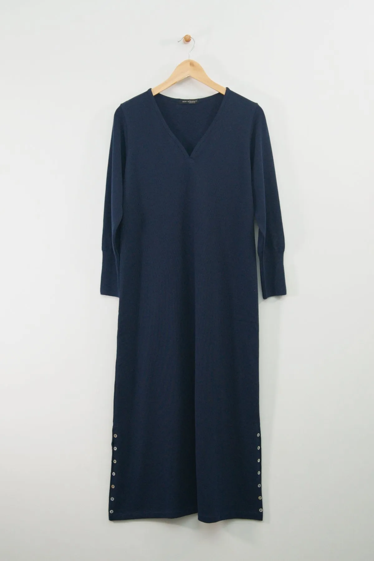 48" ¾ Sleeve V-Neck Dress with Button Detail