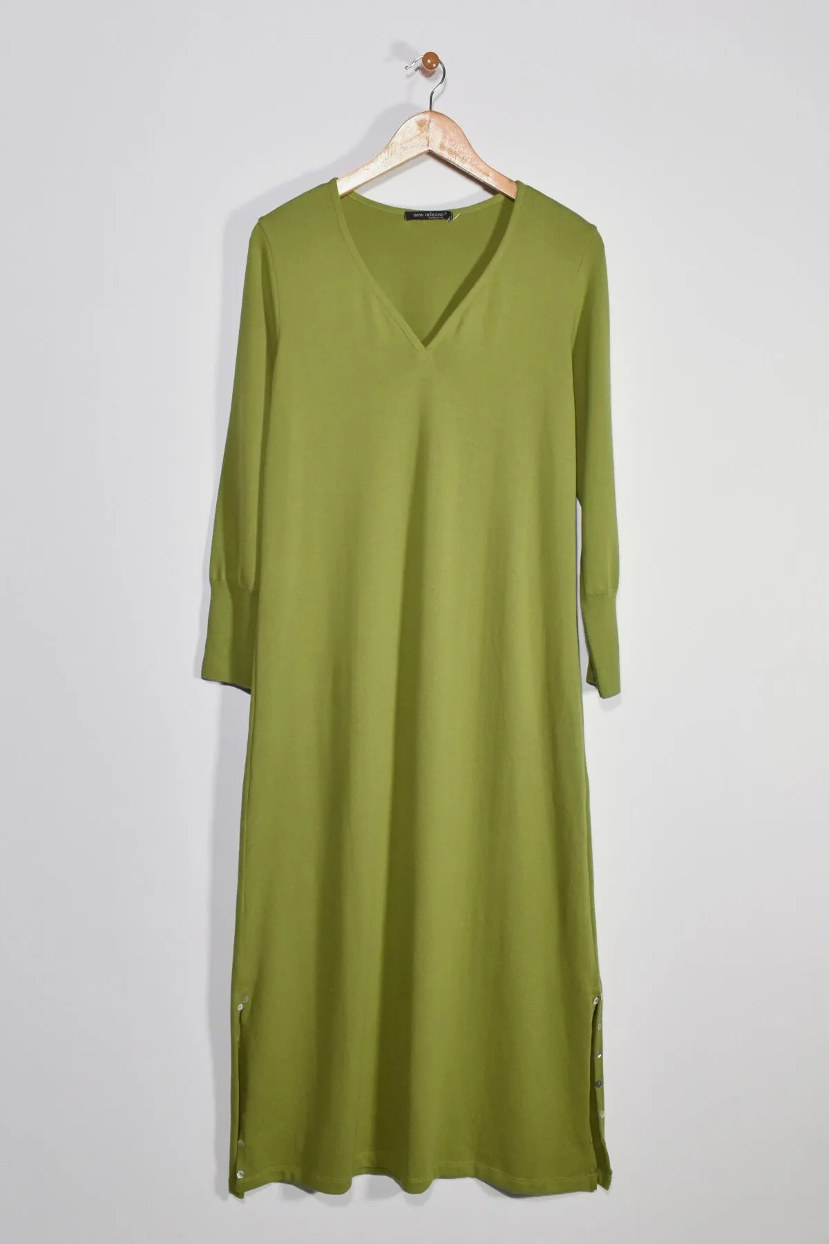 48" ¾ Sleeve V-Neck Dress with Button Detail