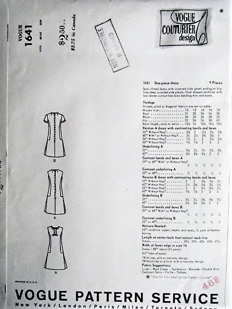 60s FABULOUS Mod FABIANI Cocktail Party Evening Dress Pattern VOGUE Couturier Design 1641 Bust 31 Vintage Sewing Pattern