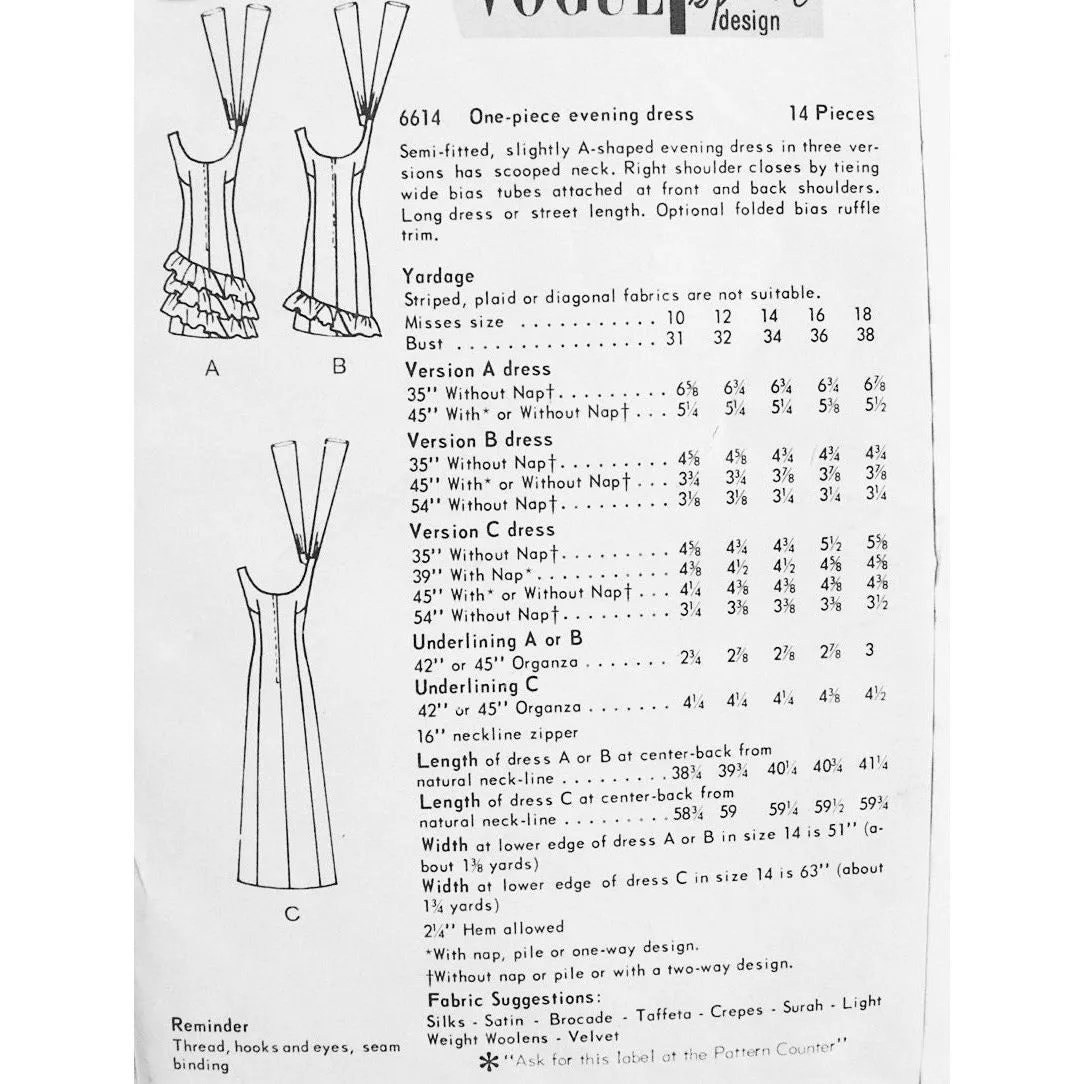 60s  GLAM Evening Party Cocktail Dress Pattern VOGUE 6614 Three Lovely Versions 2 Lengths Bust 32 Vintage Sewing Pattern UNCUT