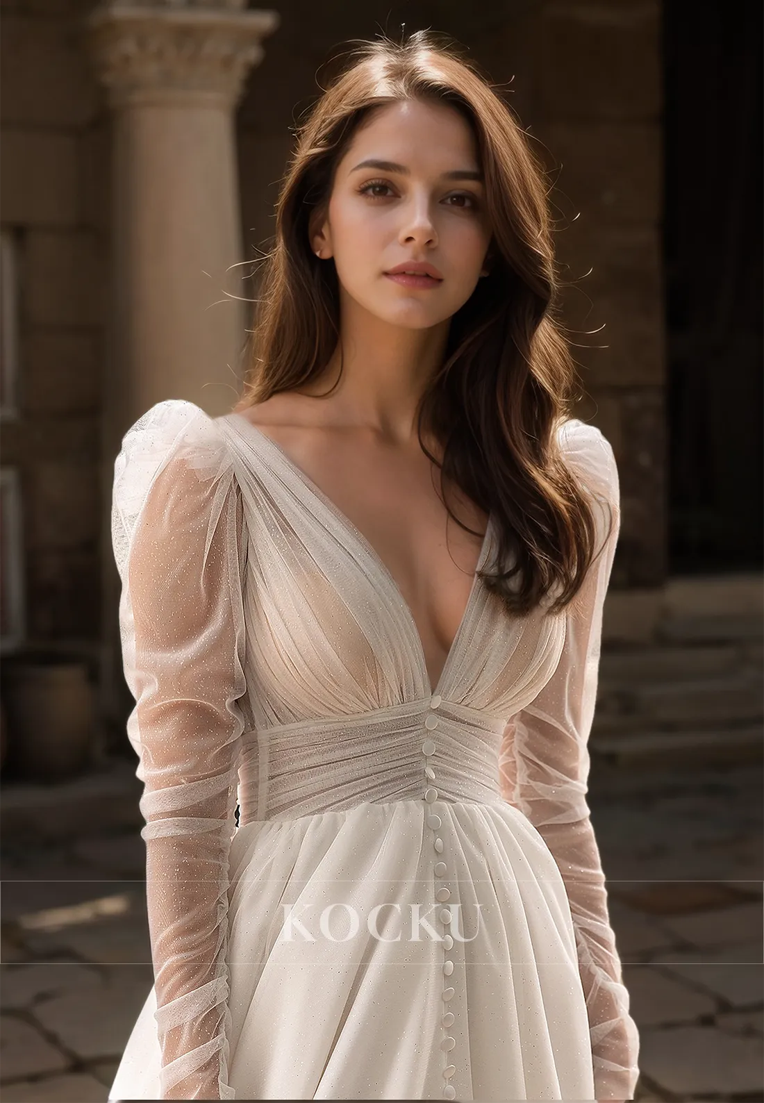 A-Line V-Neck Long Sleeves High Split Pleats Glitter Lace Bridal Dress with Train Wedding Dress