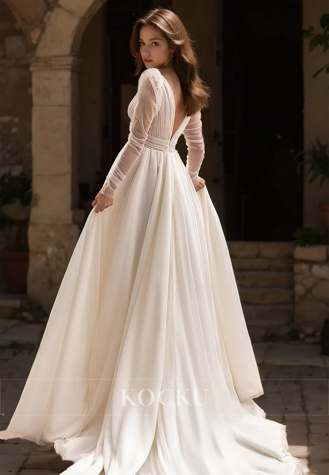 A-Line V-Neck Long Sleeves High Split Pleats Glitter Lace Bridal Dress with Train Wedding Dress