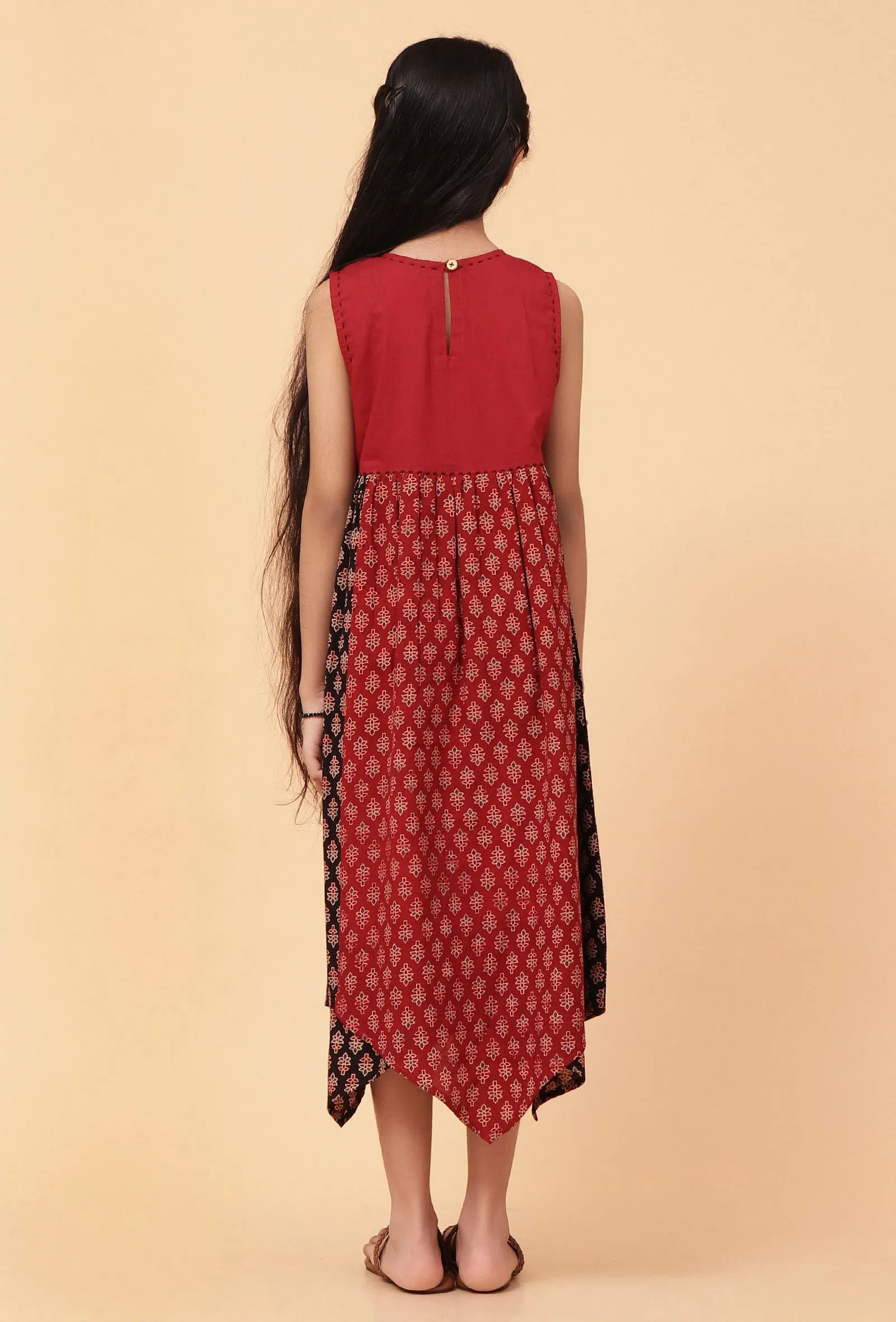 Ada Black & Madder Red Ajrakh Print Cotton Asymmetrical Dress