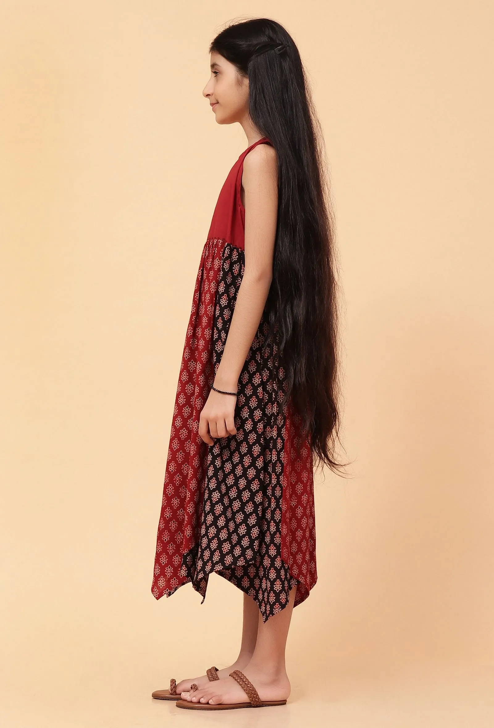 Ada Black & Madder Red Ajrakh Print Cotton Asymmetrical Dress
