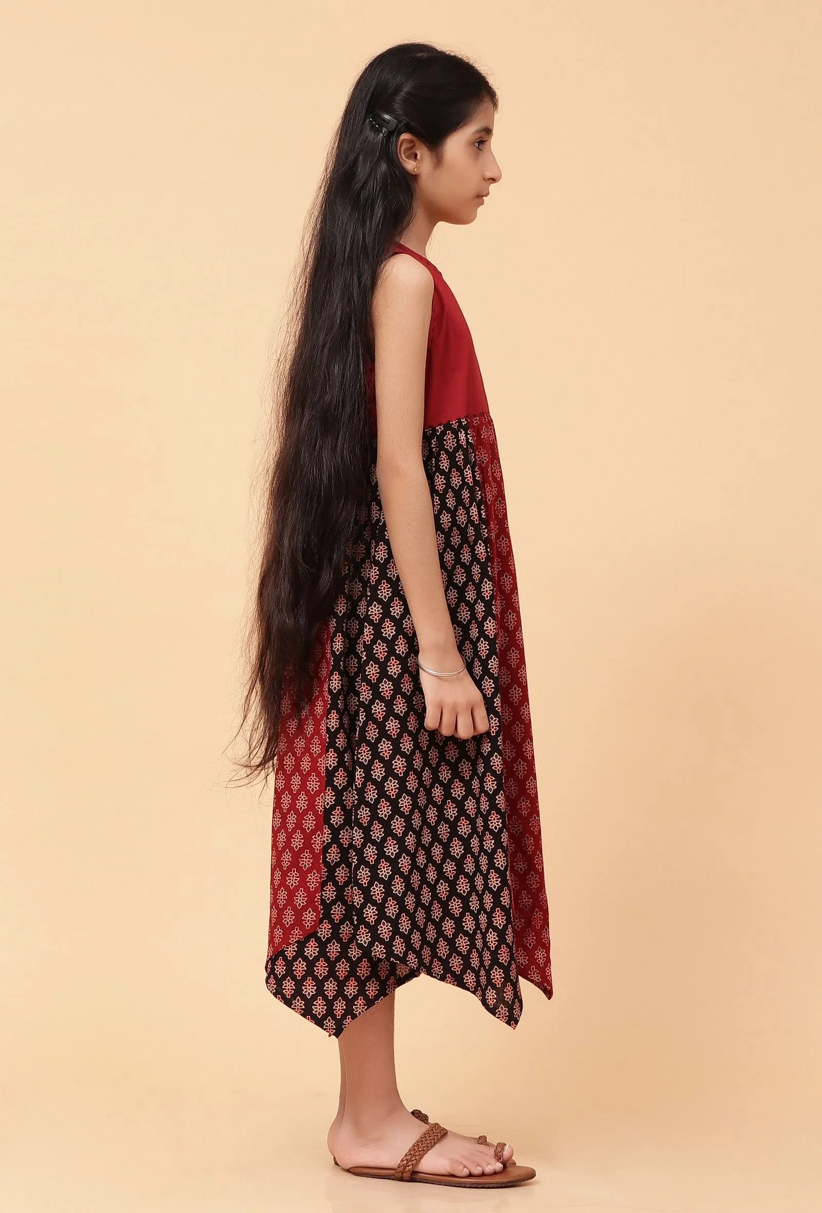 Ada Black & Madder Red Ajrakh Print Cotton Asymmetrical Dress