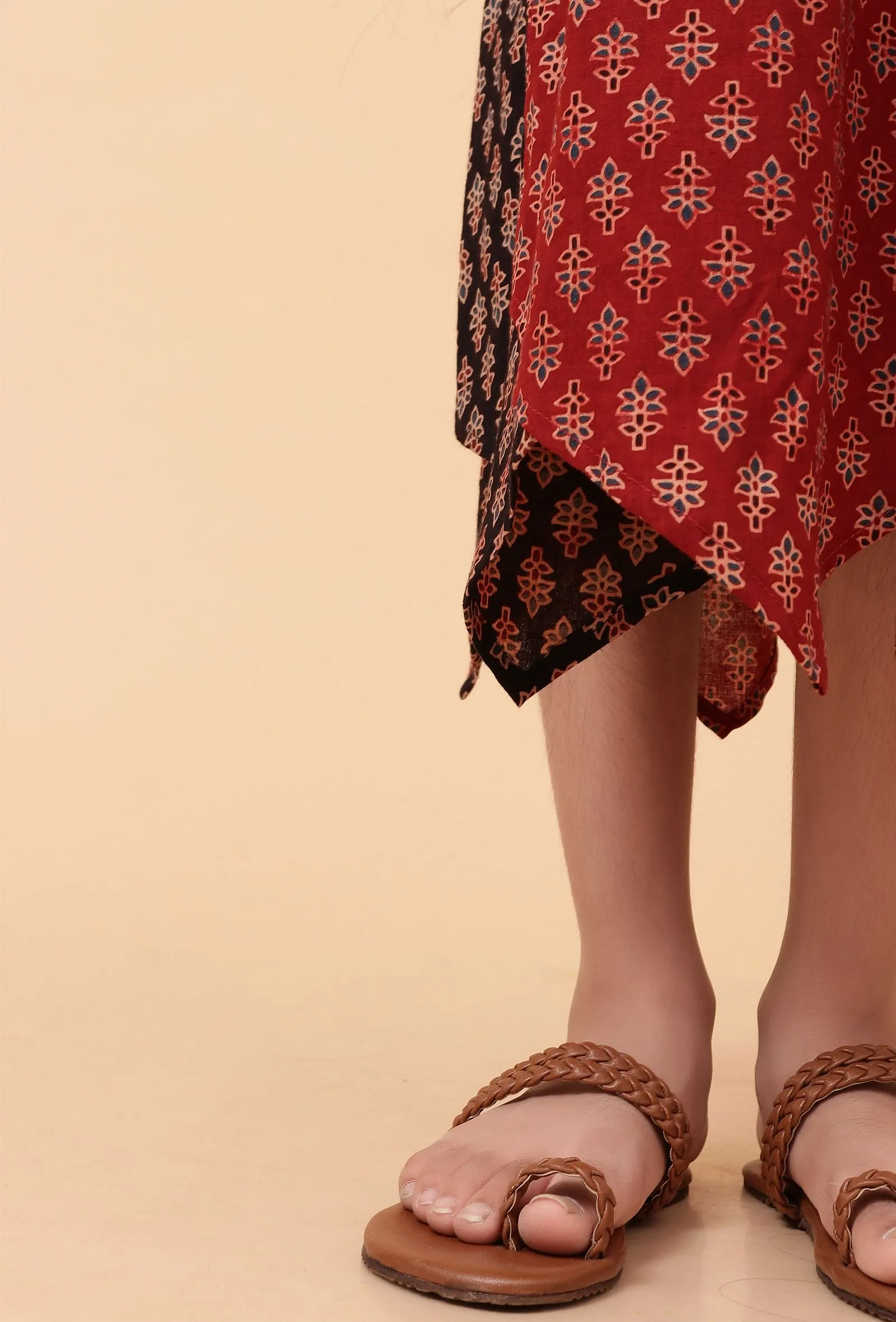 Ada Black & Madder Red Ajrakh Print Cotton Asymmetrical Dress