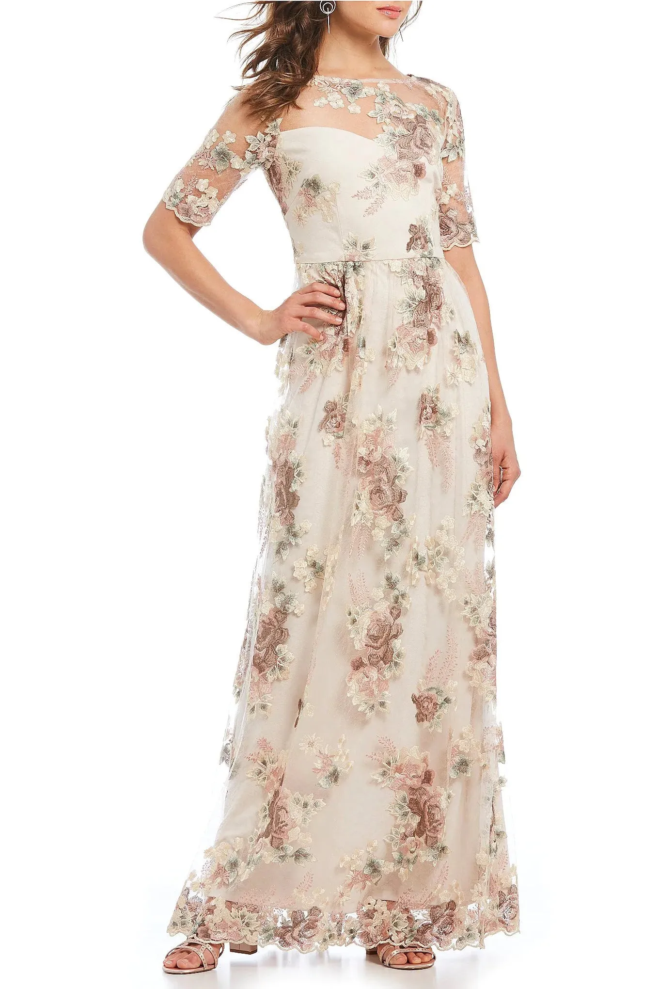 Adrianna Papell Boat Neck Short Illusion Short Sleeve Embroidered Zipper Back Mesh Dress