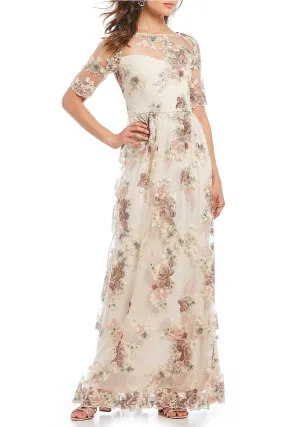 Adrianna Papell Boat Neck Short Illusion Short Sleeve Embroidered Zipper Back Mesh Dress