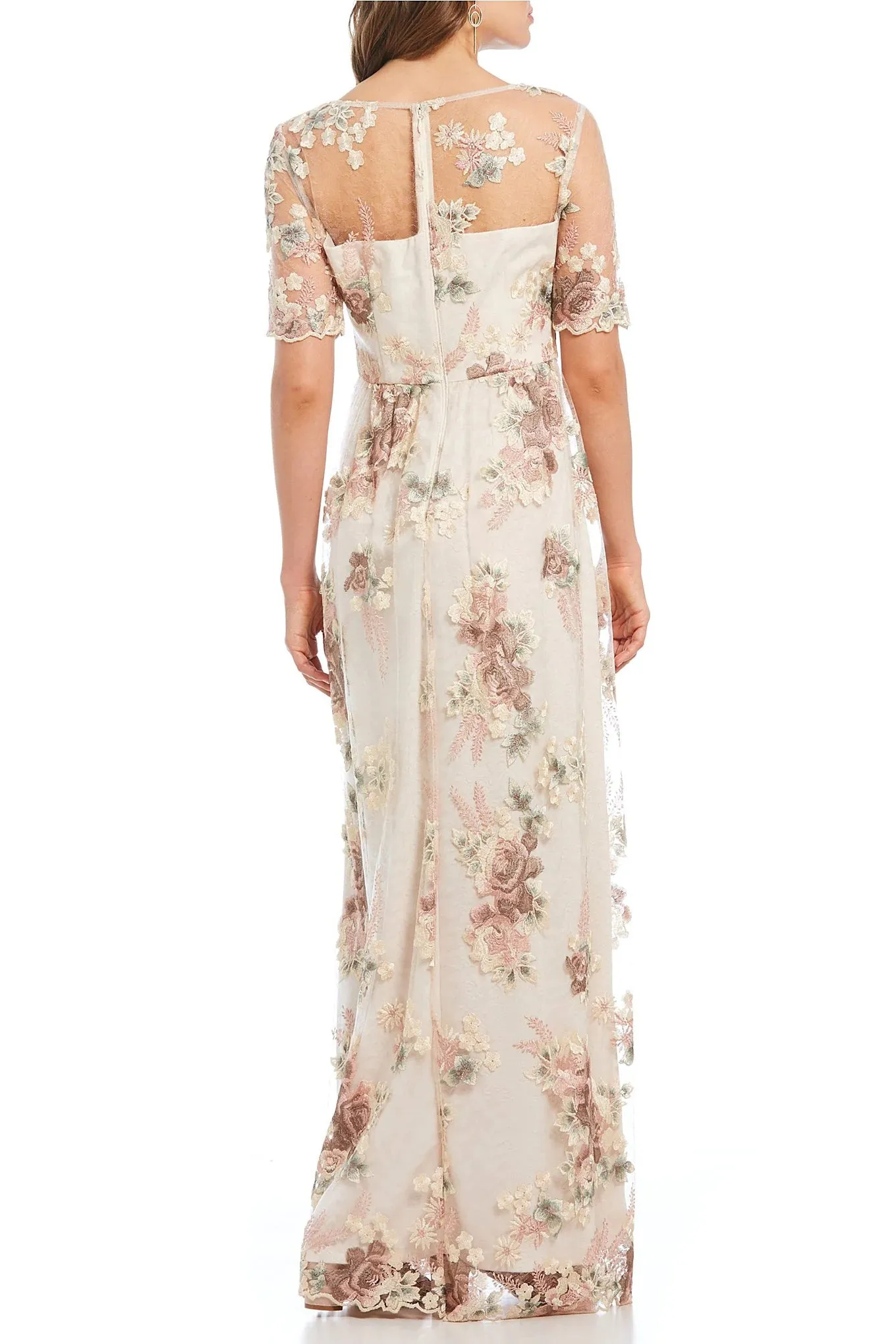 Adrianna Papell Boat Neck Short Illusion Short Sleeve Embroidered Zipper Back Mesh Dress