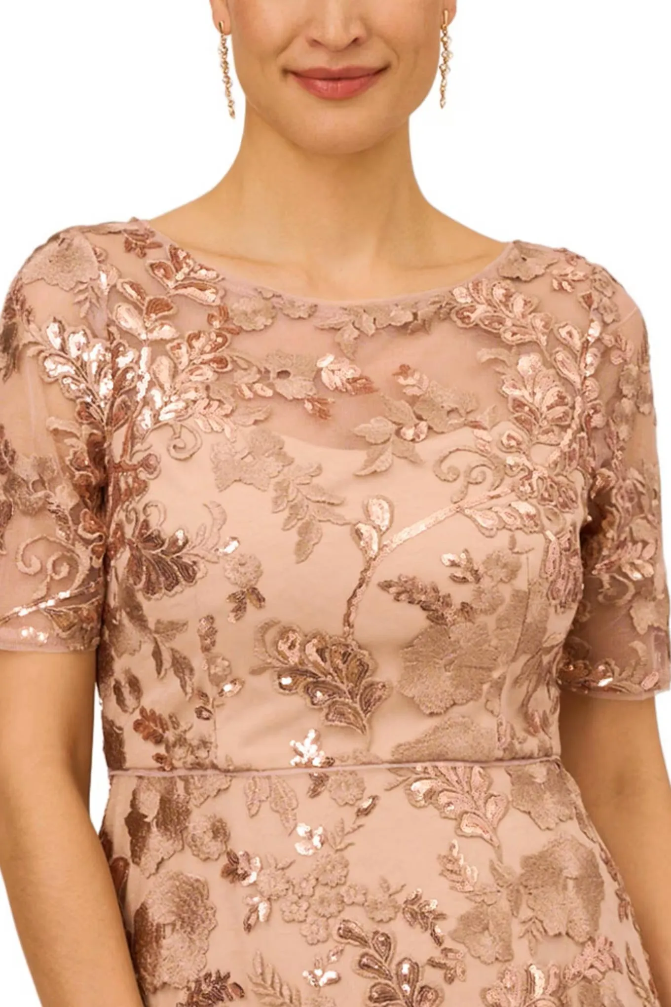 Adrianna Papell boat neck short sleeve sequined embroidered zipper back A-line mesh dress