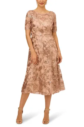 Adrianna Papell boat neck short sleeve sequined embroidered zipper back A-line mesh dress