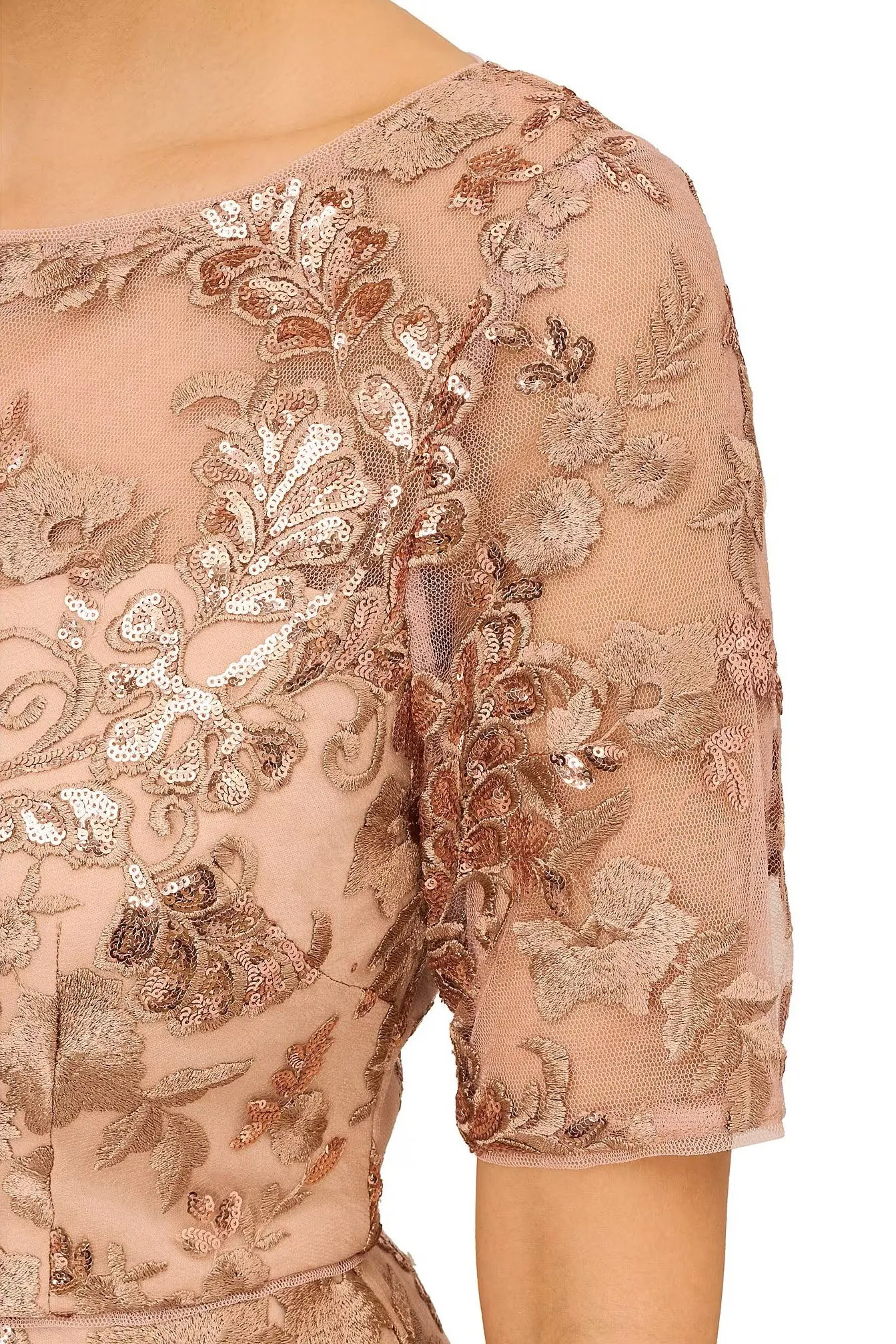 Adrianna Papell boat neck short sleeve sequined embroidered zipper back A-line mesh dress
