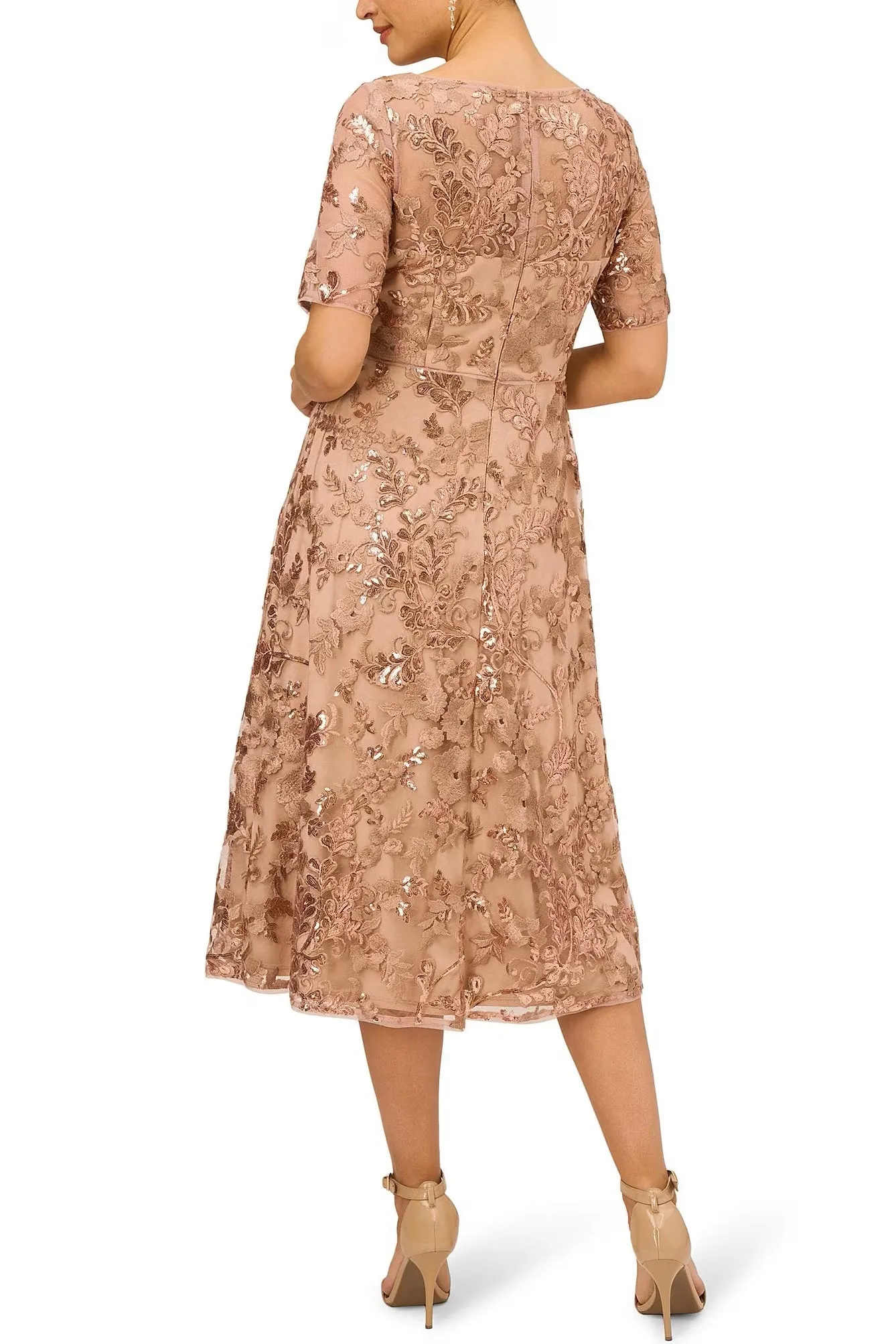 Adrianna Papell boat neck short sleeve sequined embroidered zipper back A-line mesh dress