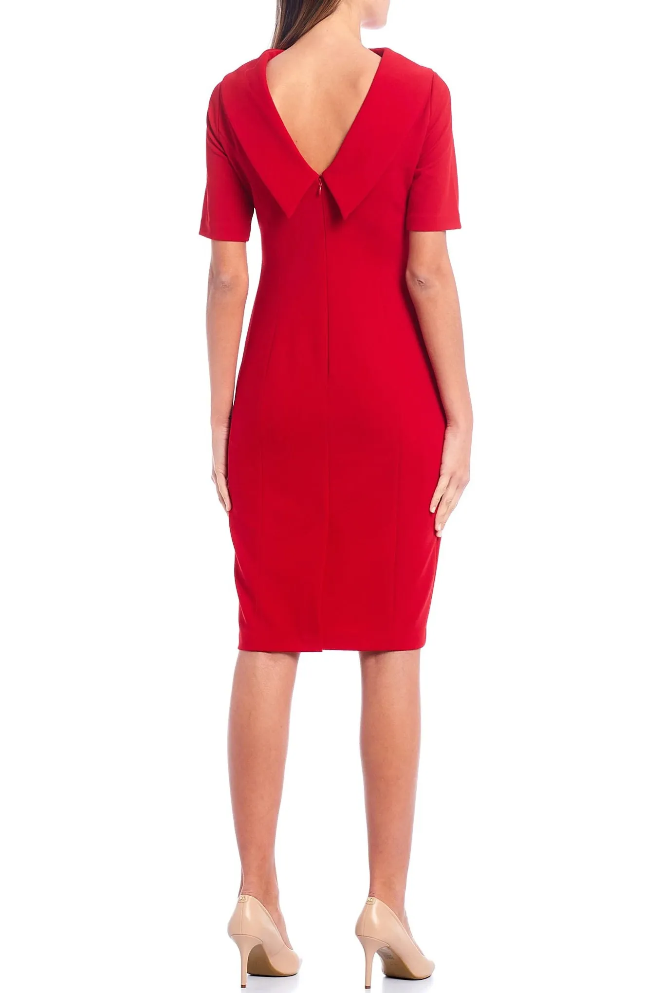 Adrianna Papell Crew Neck Fold Over Collar Back Zipper V- Back Short Sleeve Crepe Dress