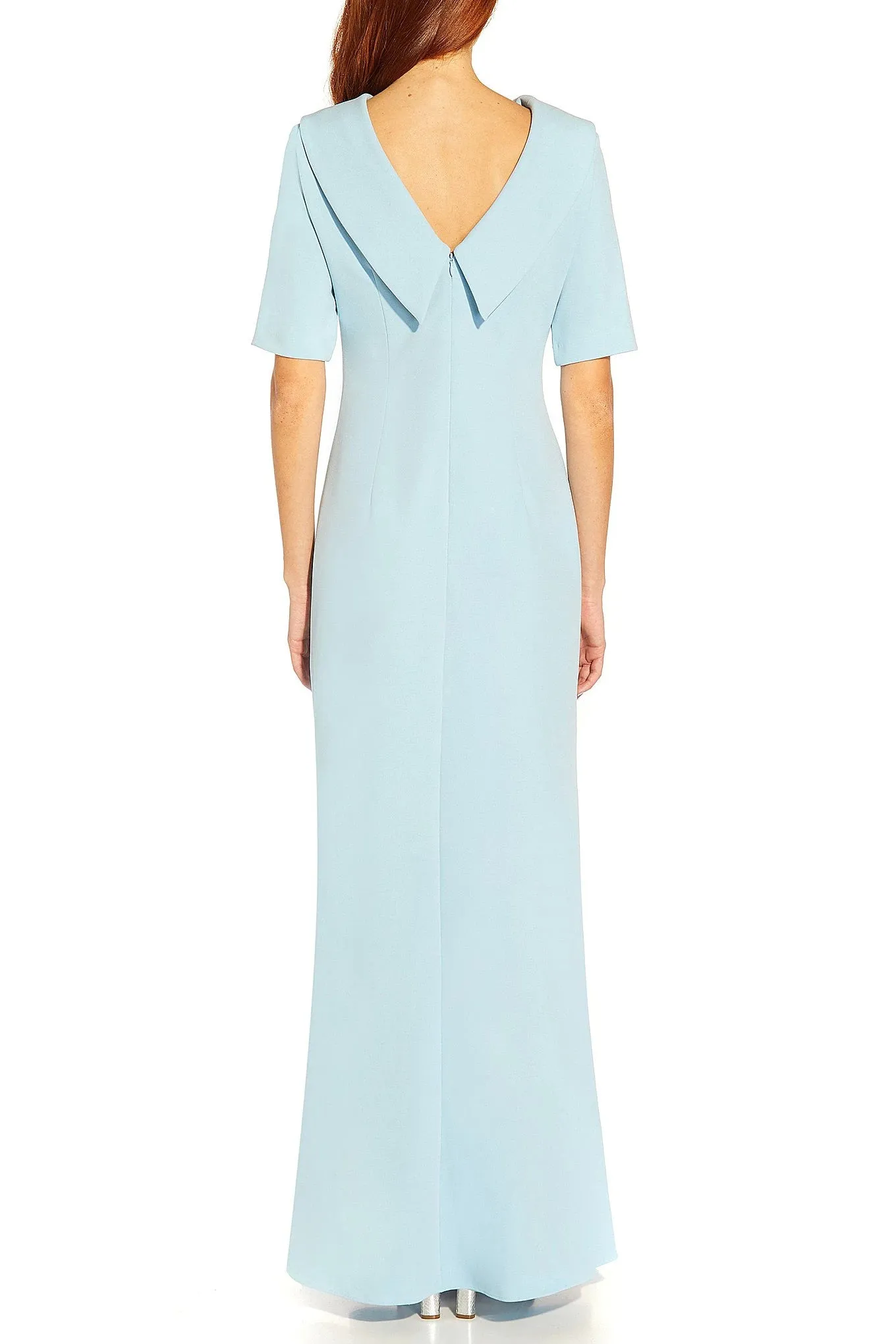 Adrianna Papell Crew Neck Short Sleeves Back Zipper Side Slit Long Crepe Gown