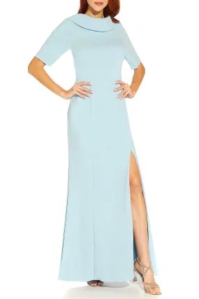 Adrianna Papell Crew Neck Short Sleeves Back Zipper Side Slit Long Crepe Gown