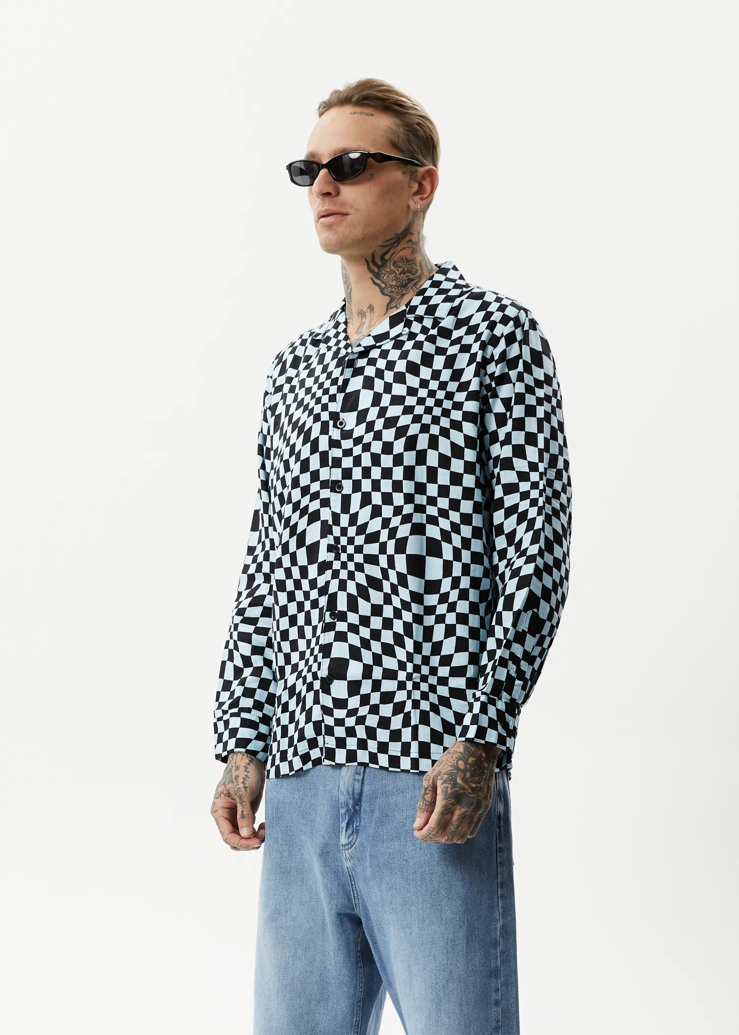 AFENDS Mens Void - Check Long Sleeve Shirt - Sky Blue