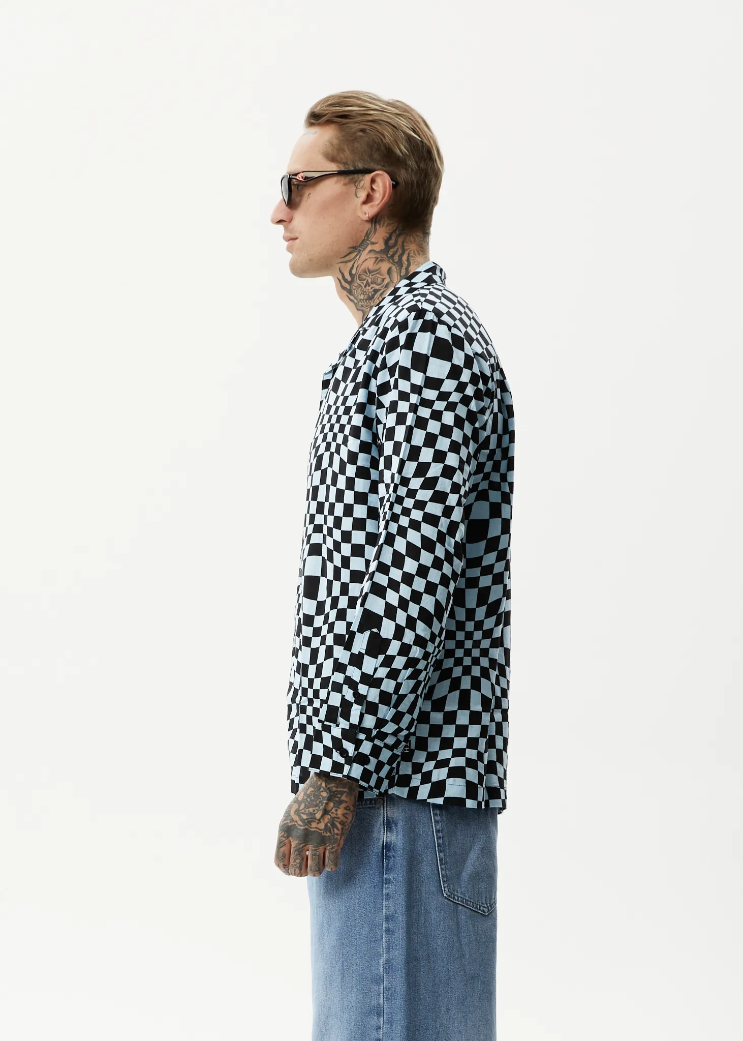 AFENDS Mens Void - Check Long Sleeve Shirt - Sky Blue