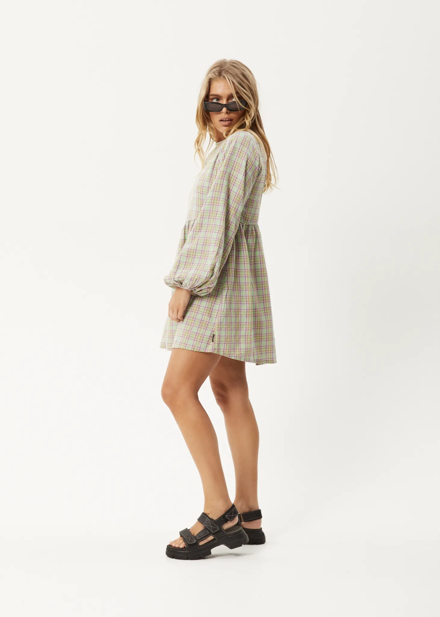 AFENDS Womens Kali - Long Sleeve Mini Dress - Pistachio Check