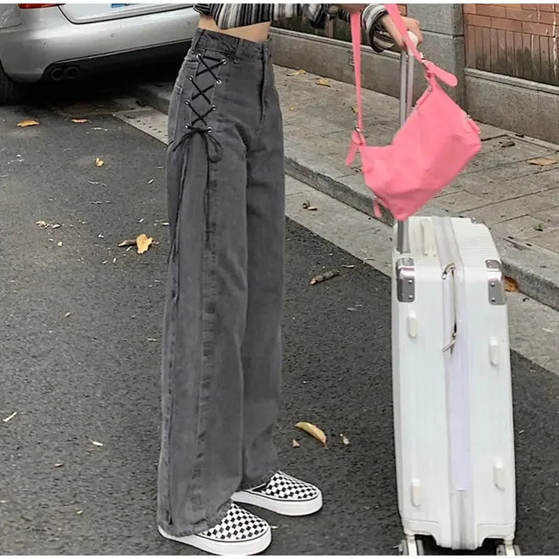 Aiertu High Waist Side Tie Long Jeans Pants