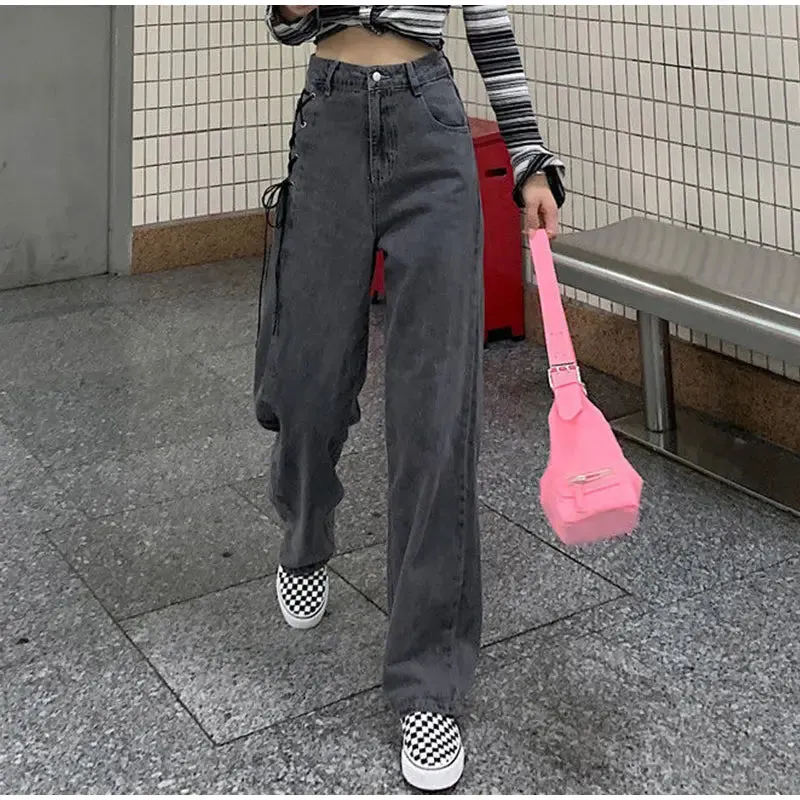 Aiertu High Waist Side Tie Long Jeans Pants
