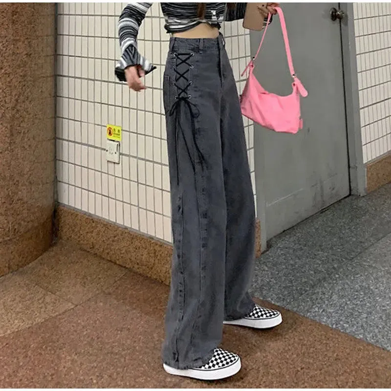 Aiertu High Waist Side Tie Long Jeans Pants
