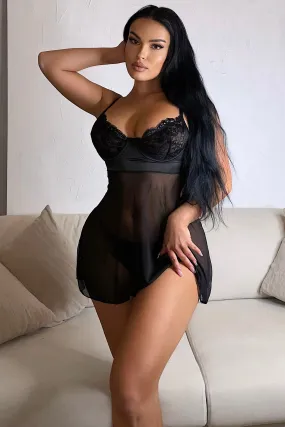All Night Long 2 Piece Babydoll Set - Black