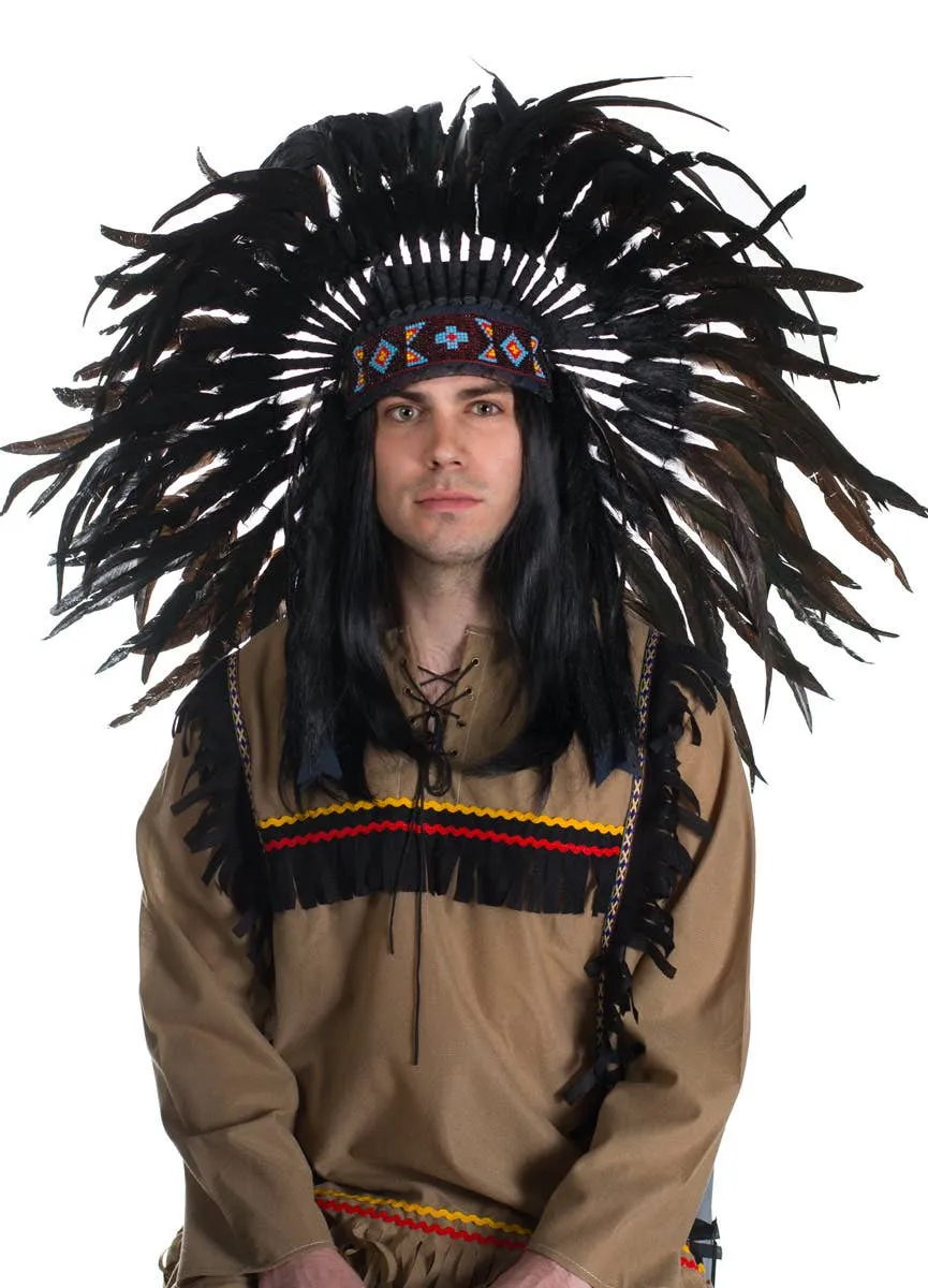 American Indian Chief Authentic Black Feather Headdress