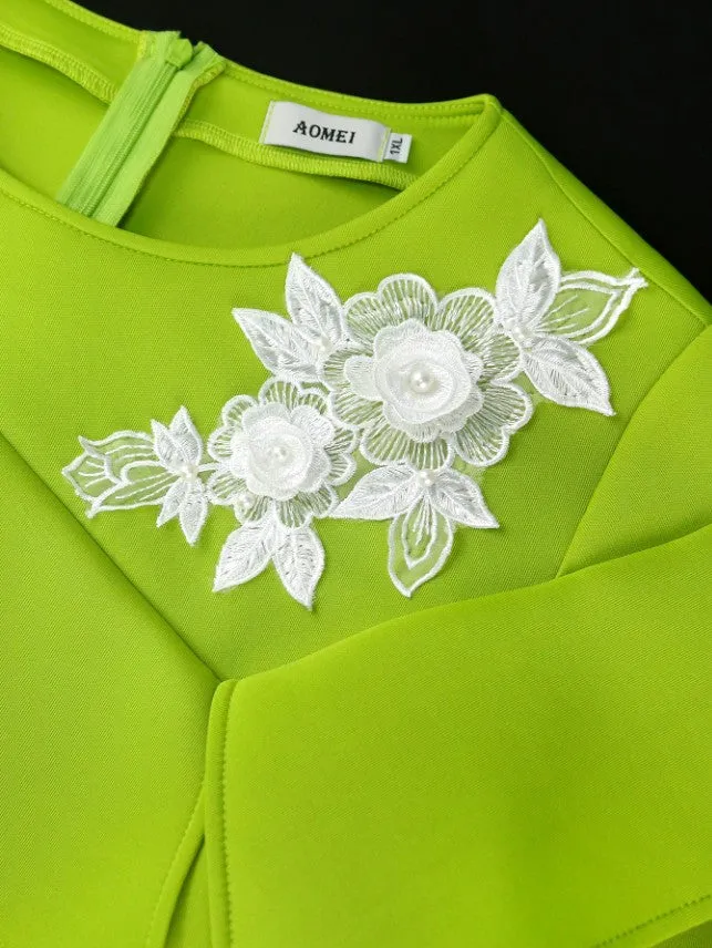 AOMEIDRESS Asymmetrical Dress O Neck Appliques Long Sleeve Ruffles