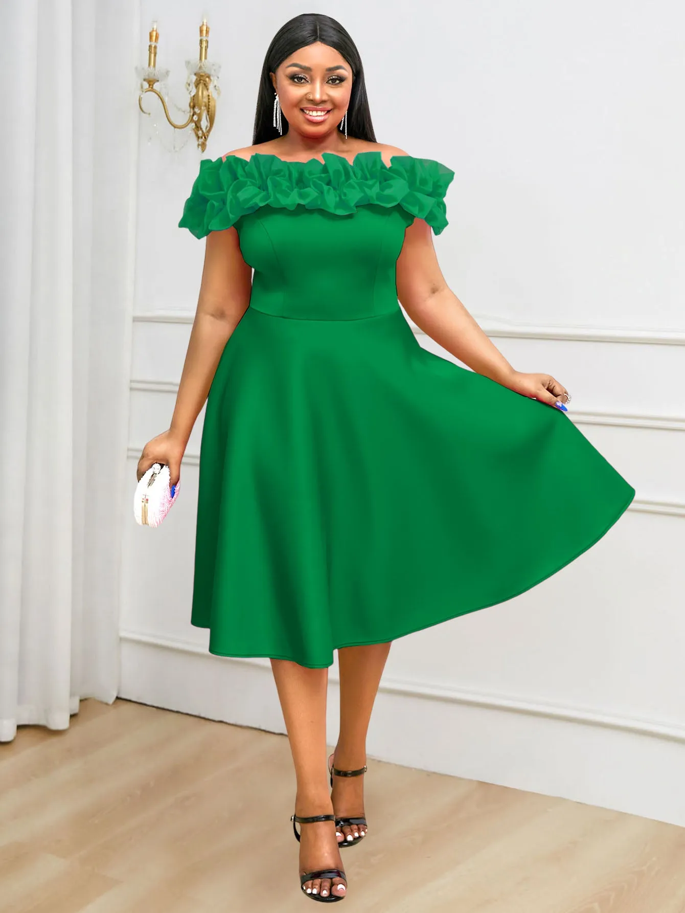 AOMEIDRESS Elegant Mesh Patchwork Ruffles Off Shoulder A Line Dress
