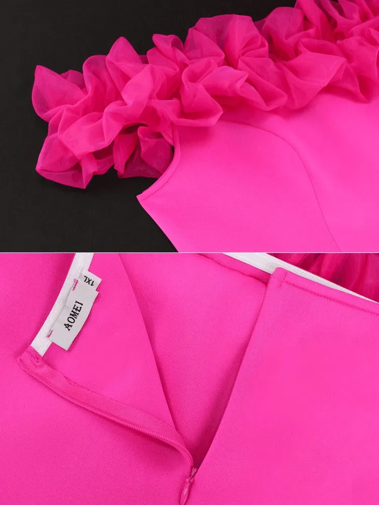AOMEIDRESS Elegant Mesh Patchwork Ruffles Off Shoulder A Line Dress