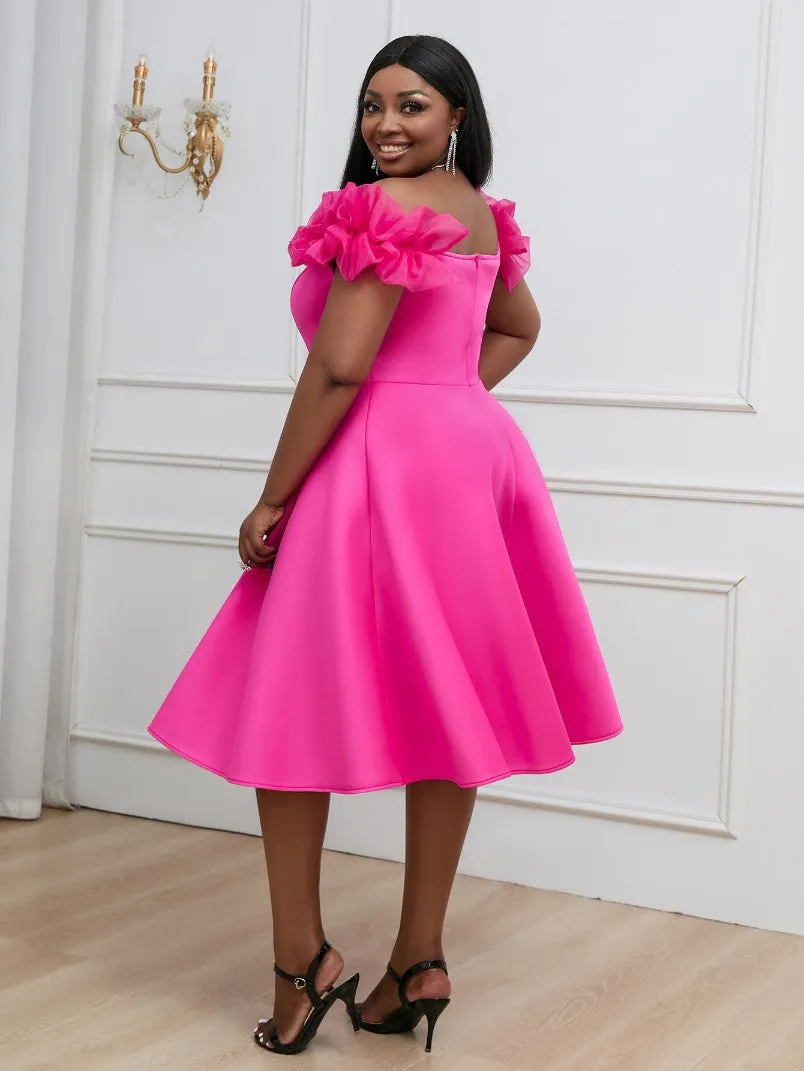 AOMEIDRESS Elegant Mesh Patchwork Ruffles Off Shoulder A Line Dress