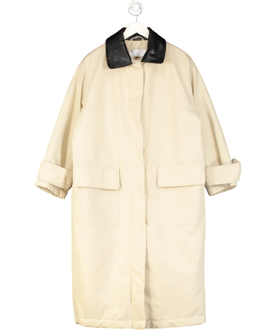 ASOS Design Beige Padded Overcoat With Faux Leather Collar UK 10