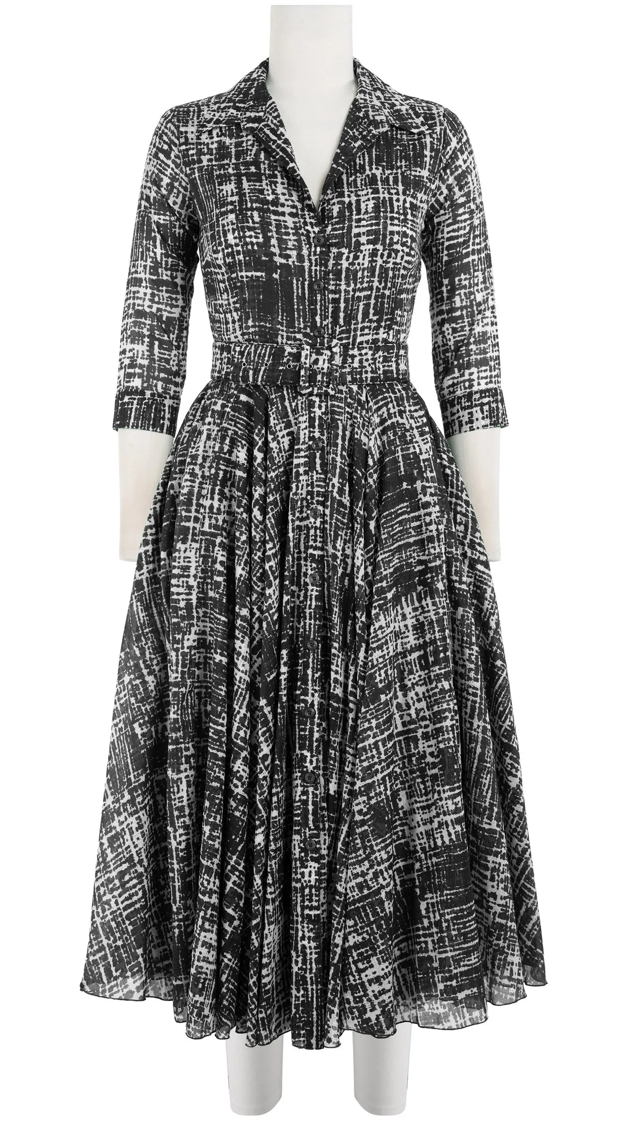 Aster Dress Shirt Collar 3/4 Sleeve Midi Length Cotton Musola (Hemp Boucle)