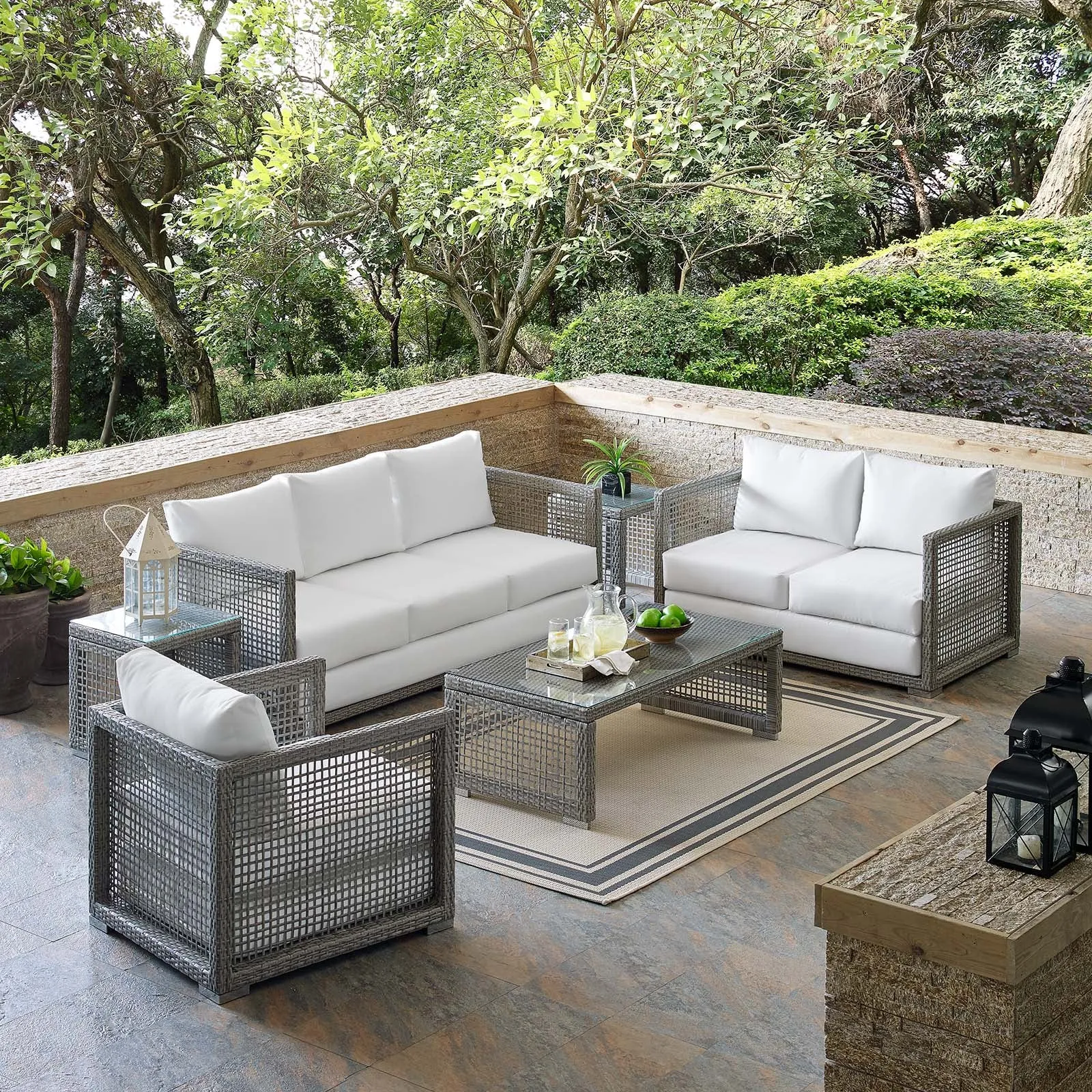 Aura 6 Piece Outdoor Patio Wicker Rattan Set Gray White EEI-3559-GRY-WHI-SET