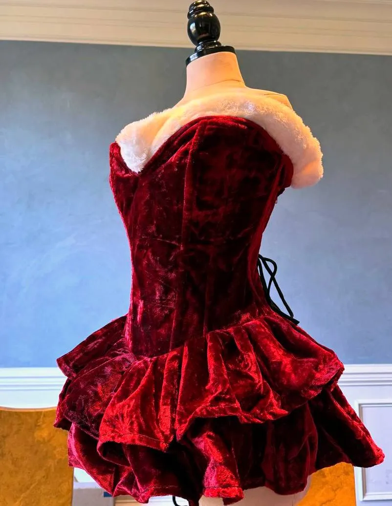 Authentic Santa corset dress with fluffy skirt, red Christmas velvet dress. Prom, Valentine, mini wedding dress