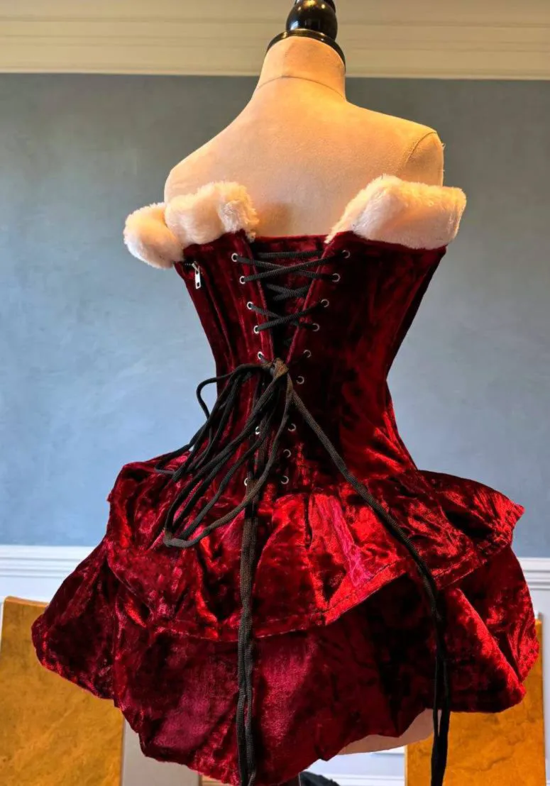 Authentic Santa corset dress with fluffy skirt, red Christmas velvet dress. Prom, Valentine, mini wedding dress