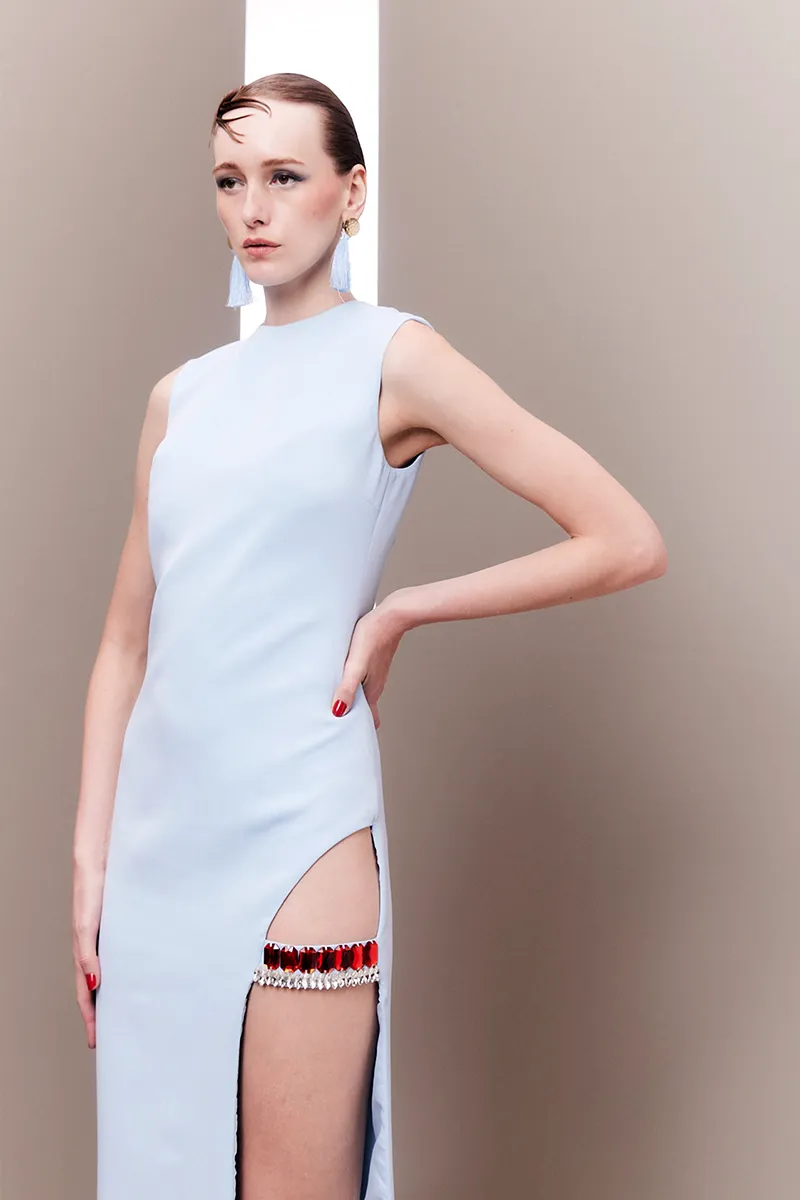 BABY BLUE CRYSTAL-ADORNED MIDI DRESS
